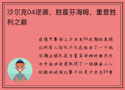 沙尔克04逆袭，胜霍芬海姆，重登胜利之巅
